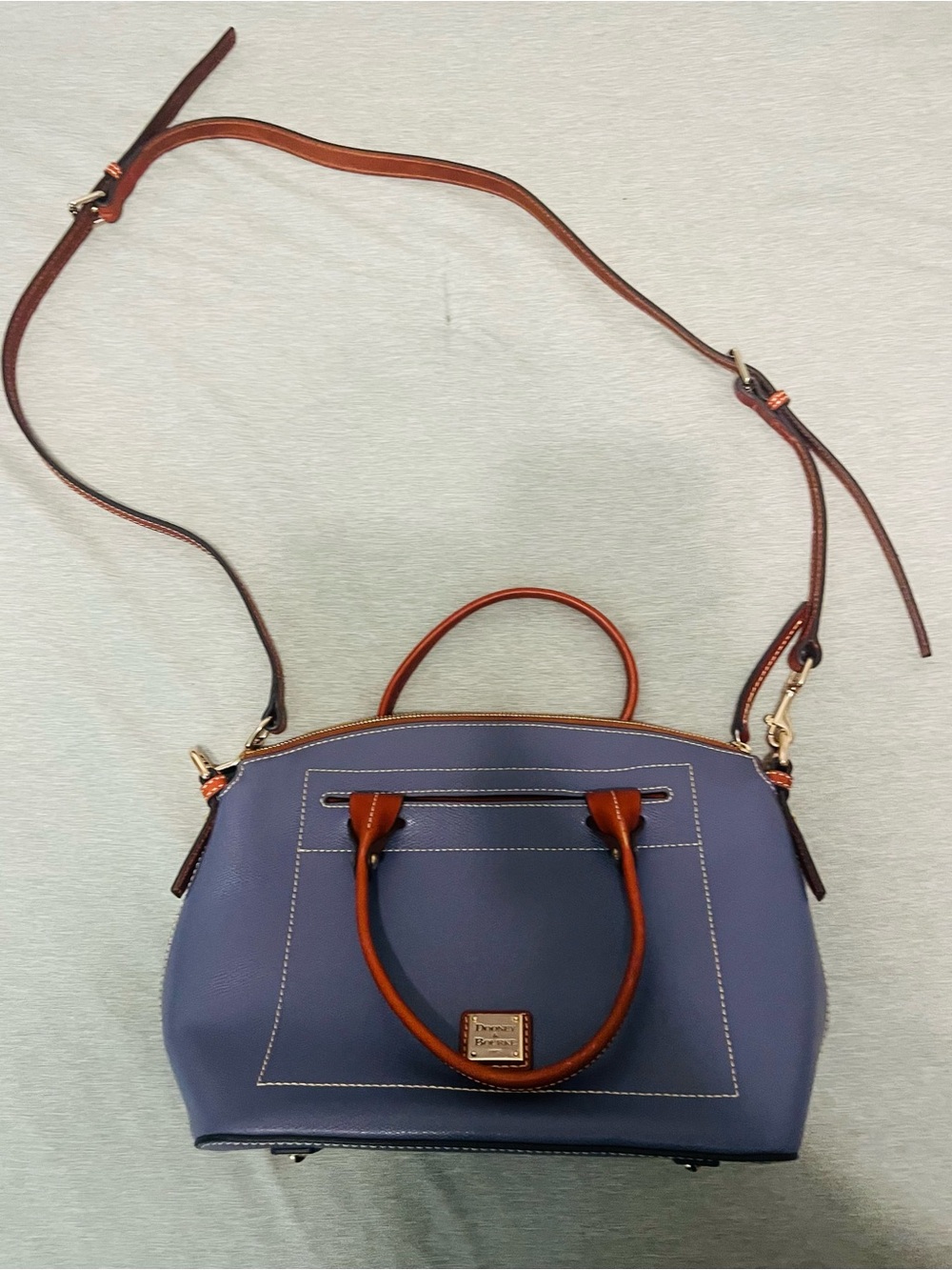 Dooney & Bourke Blue Satchel with Brown Trim and Strap